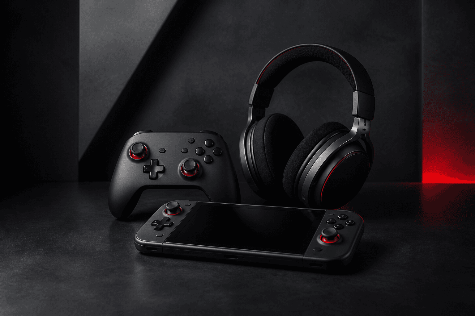 A curated gaming setup with a controller, handheld console and headphones
